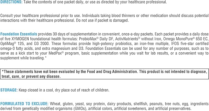 XYMOGEN Foundation Essentials - 5-Product Packets with ProbioMax Probiotic, ActivNutrients Multivitamin Without Iron, Omega MonoPure 650 Fish Oil, OptiMag Magnesium + Vitamin D3 2000 (30 Packets)