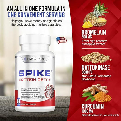 Spike Protein Detox | Nattokinase 3000Fu, Bromelain 500mg, Curcumin 1000mg | 60 Capsules - 30-Day Supply | Promotes Natural Balance | Spike Support Formula | Unflavored