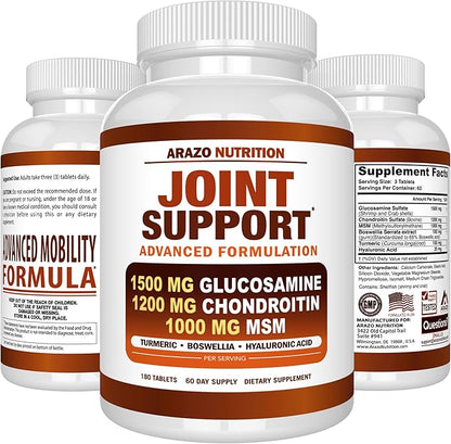 Arazo Nutrition Glucosamine Chondroitin Turmeric Msm Boswellia - Joint Support Supplement for Relief 180 Tablets for Bones, Back, Knees, Hands (180 Tablets)