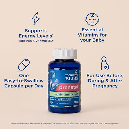 Mommy's Bliss Prenatal Multivitamin with Iron and Folic Acid, Supports Baby Development + Mom Immune System & Energy Levels w/ B Vitamins & Probiotics, Vegan & Gluten Free (45 Servings)
