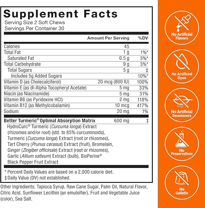 Force Factor Better Turmeric Joint Support Supplement for Extra Strength Joint Health, Featuring HydroCurc Turmeric Curcumin with Black Pepper for Superior Absorption, Fruit Splash, 180 Soft Chews