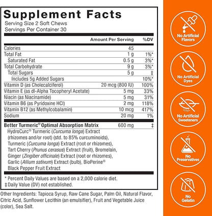 Force Factor Better Turmeric Joint Support Supplement for Extra Strength Joint Health, Featuring HydroCurc Turmeric Curcumin with Black Pepper for Superior Absorption, Fruit Splash, 180 Soft Chews