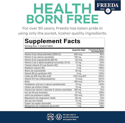 FREEDA Prenatal Vitamin - Kosher Prenatals - Prenatal Vitamins with Iron, Prenatal Folic Acid, Choline, Vitamin D - One Daily Pre Natal Multivitamin Support for Pregnant & Lactating Women (250)
