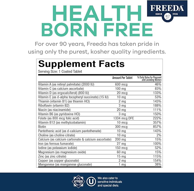 FREEDA Prenatal Vitamin - Kosher Prenatals - Prenatal Vitamins with Iron, Prenatal Folic Acid, Choline, Vitamin D - One Daily Pre Natal Multivitamin Support for Pregnant & Lactating Women (100)