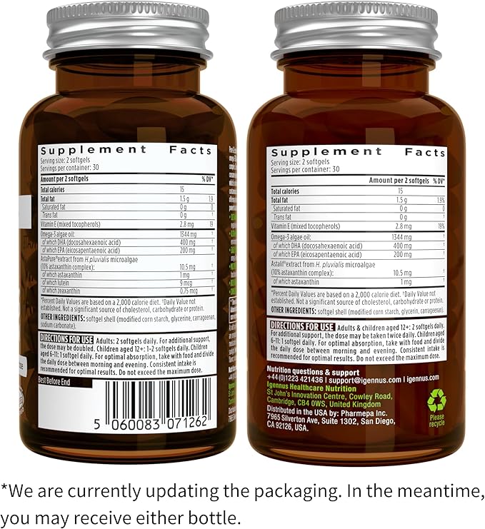 Vegan Omega-3 Natural Triglyceride Algae Oil, DHA & EPA Fatty Acid Supplement, 60 Small Softgels with Astaxanthin, Easy-to-Swallow, Pure & Sustainable, 30 Servings, by Igennus