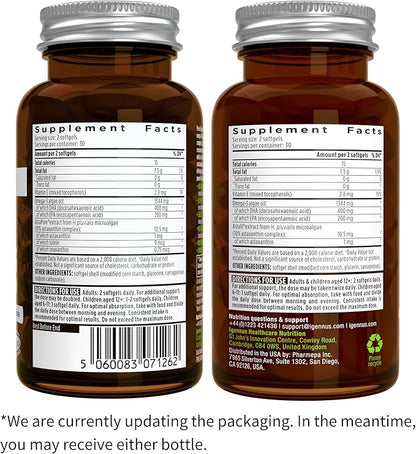 Vegan Omega-3 Natural Triglyceride Algae Oil, DHA & EPA Fatty Acid Supplement, 60 Small Softgels with Astaxanthin, Easy-to-Swallow, Pure & Sustainable, 30 Servings, by Igennus