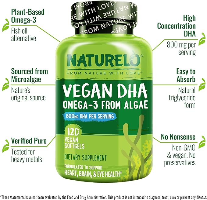 NATURELO Vegan DHA - Omega 3 Oil from Algae - Supplement for Brain, Heart, Joint, Eye Health - Provides Essential Fatty Acids for Women Men and Kids - Complements Prenatal Vitamins - 120 Softgels