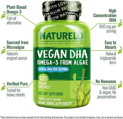 NATURELO Vegan DHA - Omega 3 Oil from Algae - Supplement for Brain, Heart, Joint, Eye Health - Provides Essential Fatty Acids for Women Men and Kids - Complements Prenatal Vitamins - 120 Softgels