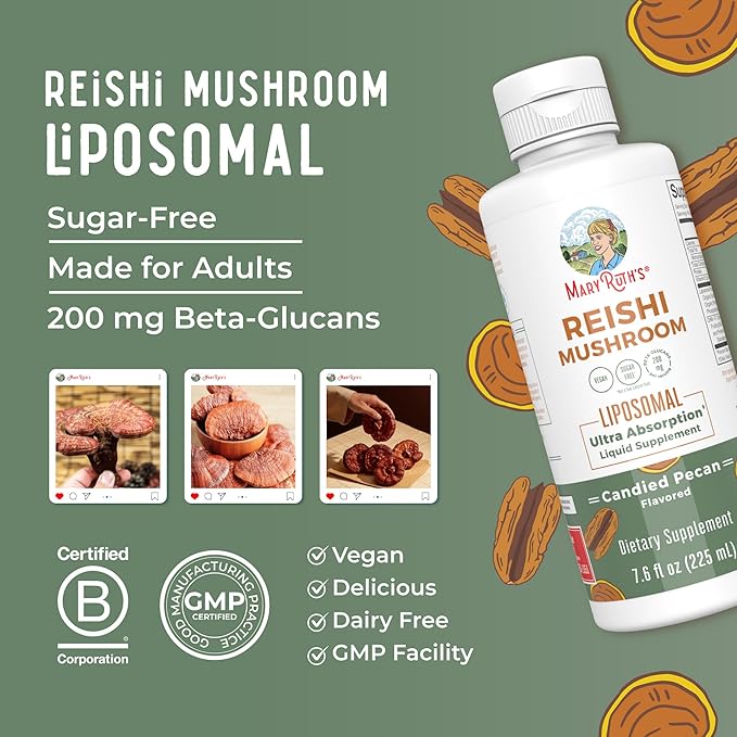 MaryRuth's Reishi Vegan Mushroom Supplement | Ultra Absorption Reishi Supplement Liposomal | Immune Support with 200mg Beta-Glucans, Vegan |Full Spectrum Reishi Mushrooms Fruiting Body | 7.6 oz,