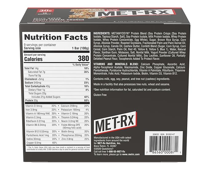 MET-Rx Big 100 Colossal Protein Bars, Fruity Cereal Meal Replacement Bars, 9 Count