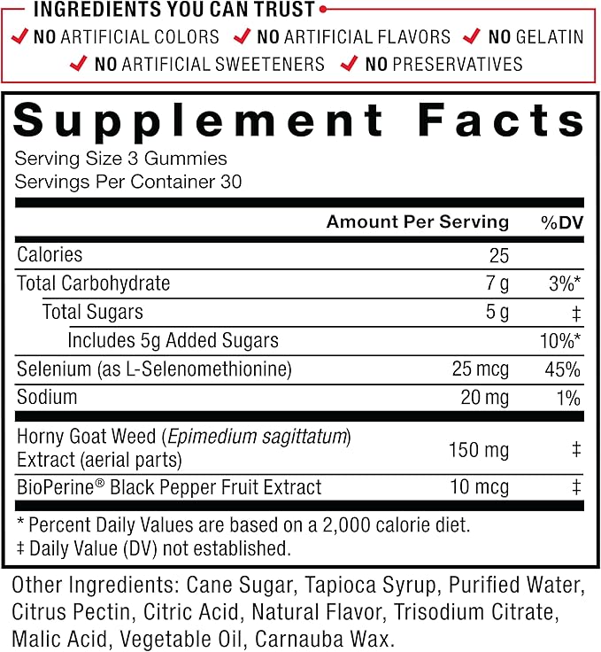 Force Factor Horny Goat Weed Gummies for Men, Natural Male Drive & Vitality Supplement with Ingredients for Superior Absorption, Delicious Passion Berry Flavor, Black, 90 Count