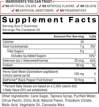 Force Factor Horny Goat Weed Gummies for Men, Natural Male Drive & Vitality Supplement with Ingredients for Superior Absorption, Delicious Passion Berry Flavor, Black, 90 Count