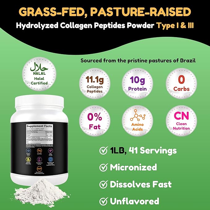 Halal & Grass Fed Collagen Peptides Powder 1 lb. 16oz Unflavored Hydrolyzed Collagen Peptides Powder Type I & Type III for Hair, Skin, Nails & Joints | Keto & Paleo Friendly | Sugar & Gluten Free