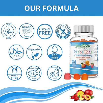 Greenfield Nutritions Halal Vitamin D3 for Kids - 1000 IU (25 mcg), 90 Halal Gummies - Non-GMO Gelatin Gluten Free Vegetarian Halal Vitamin D - Halal Vitamins for Kids, Supports Bone & Immune System