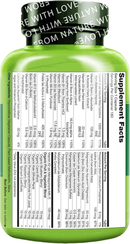 NATURELO One Daily Multivitamin for Men - with Vitamins & Minerals + Organic Whole Foods - Supplement to Boost Energy, General Health - Non-GMO - 180 Capsules