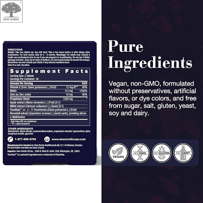 NEW NORDIC Hair GRO, Hair Growth Supplement, Biotin & Palm Fruit Extract Tocotrienols for Natural Regrowth, for Men and Women, 60 Count (Pack of 1)