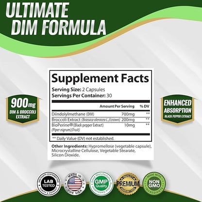 Dim Supplement 910 mg Plus BioPerine Complex - Diindolylmethane to Support Hormone Balance and Estrogen Metabolism, Helps with Menopause Acne PCOS Better Skin Bodybuilding, for Men Women, 60 Capsules