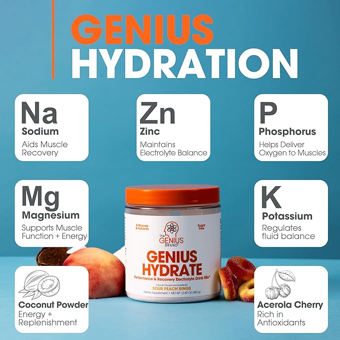 Genius Hydrate Powder Drink Mix Sour Peach Rings 50 Servings Natural Electrolyte Hydration Booster Endurance Supplement with Coconut Water Potassium Magnesium Zinc Sugar Free No Artificial Sweeteners