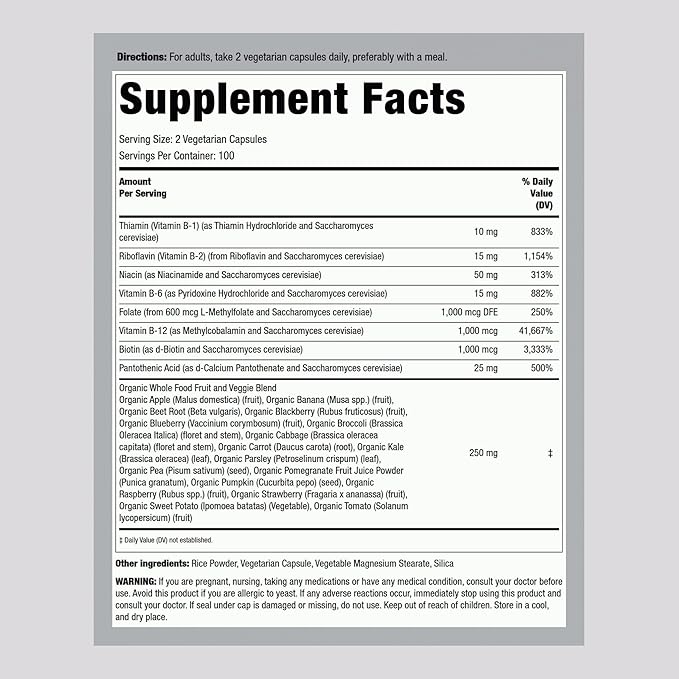 Piping Rock B Complex with Whole Food Fruits & Veggies 200 Capsules | Plus Vitamin B-12 | Non-GMO & Vegetarian Supplement
