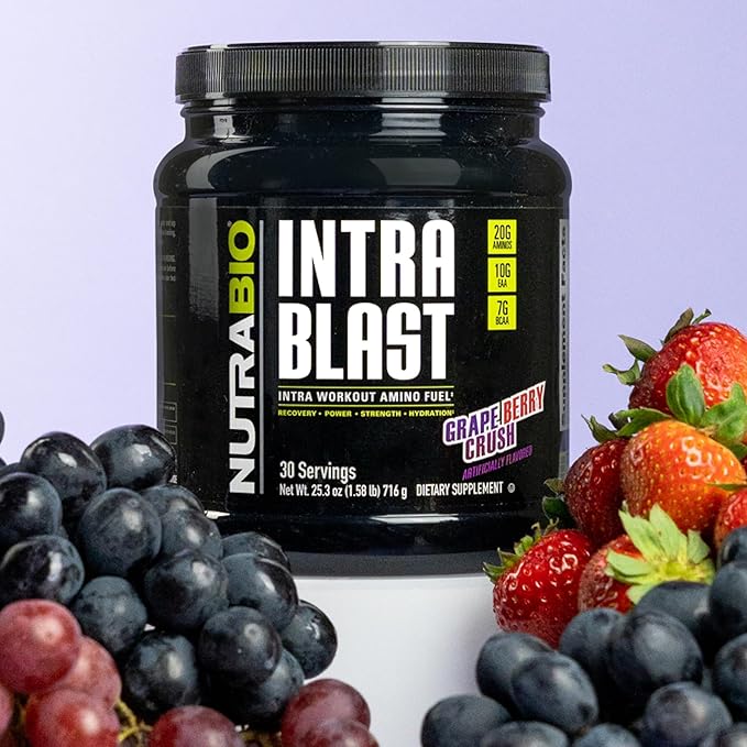 NutraBio Intra Blast BCAA EAA Electrolyte and Hydration Powder - Amino Acid Supplement, EAA/BCAA Powder - Non-GMO and Gluten Free - Grape Berry Crush- 30 Servings