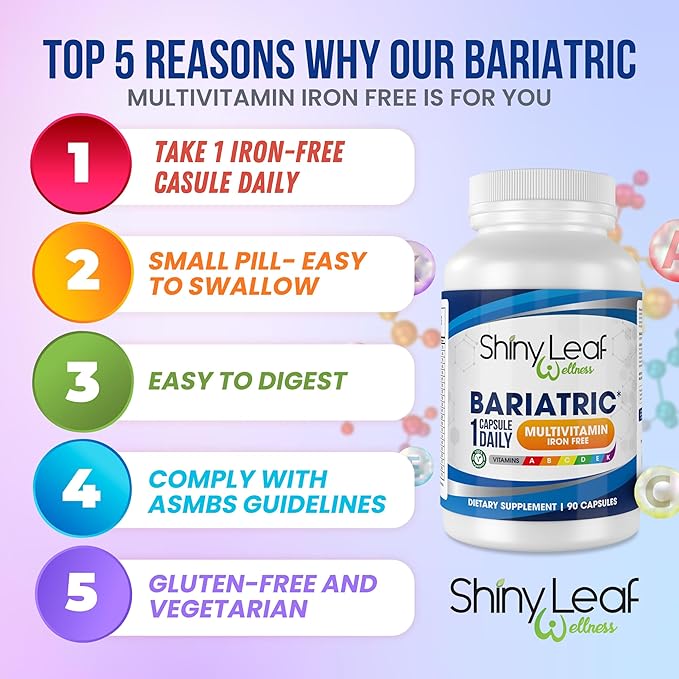 Shiny Leaf Bariatric Multivitamin Iron-Free Capsules for Post Bariatric Surgery Patients, Once Daily Bariatric Vitamins Without Iron for WLS, Sleeve, Gastric Bypass Surgery (6 Months / 180 Caps)