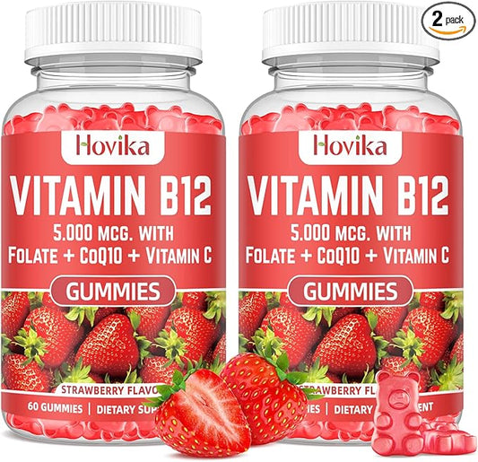 Vitamin B12 Complex 5000 mcg Methyl B12, Adenosyl B12 & Hydroxy B12, with Coenzyme Q10, Folate, Vitamin C, Chewable B 12 for Energy Support, Metabolism, Bone Health - Strawberry Flavor, 2 Pack