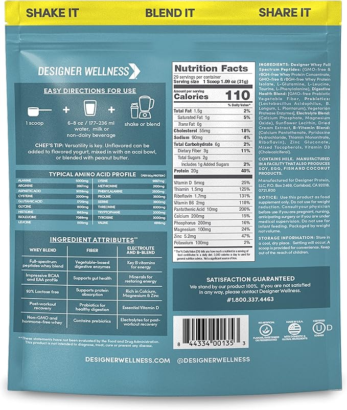 Designer Wellness, Designer Whey, Natural Whey Protein Powder with Probiotics, Fiber, and Key B-Vitamins for Energy, Gluten-Free, Purely Unflavored, 2 lb