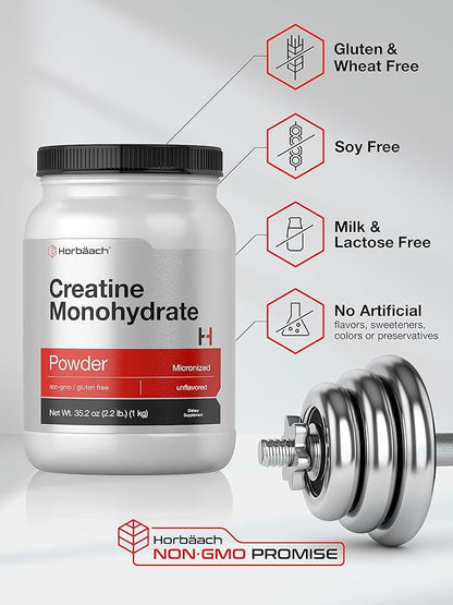 Horbäach Creatine Monohydrate Powder | 2.2lbs (35.2 oz) | Micronized and Unflavored | Vegetarian, Non-GMO, and Gluten Free Supplement
