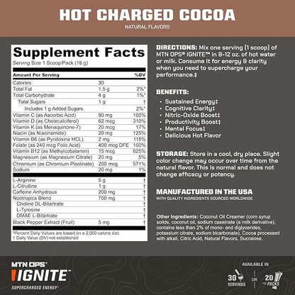 MTN OPS Hot Ignite Coffee Alternative | Charged Cocoa Flavor | Instant Coffee Nootropic & L-Arginine L-Citrulline Blend for Cognitive Clarity, & Focus | 200mg Caffeine | 30 Servings