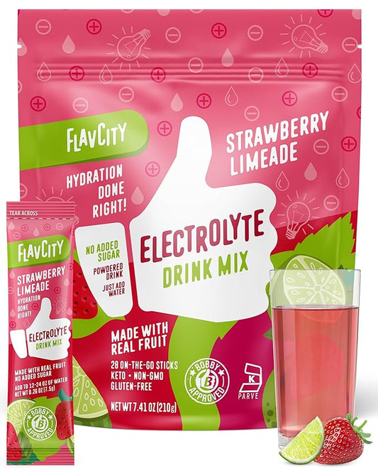 FlavCity Strawberry Limeade Electrolytes Drink Mix, 28 On-The-Go Stick Packs - Healthy Electrolytes Powder Packets Made with Real Fruit - Keto Powdered Drink with No Added Sugar, Gluten-Free