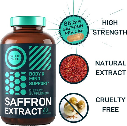 Pure Saffron Extract Antioxidants Supplement - Eye Health, Energy and Mood Support Happy Saffron - 0.3% Safranal 88.5mg Organic Saffron Supplements -120 Day Gluten-Free, Non-GMO Vegan Saffron Capsules