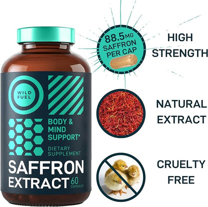 Pure Saffron Extract Antioxidants Supplement - Eye Health, Energy and Mood Support Happy Saffron - 0.3% Safranal 88.5mg Organic Saffron Supplements -120 Day Gluten-Free, Non-GMO Vegan Saffron Capsules