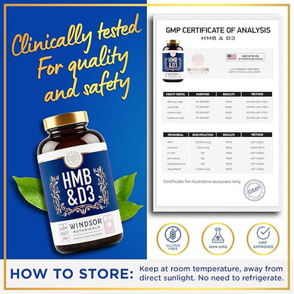 HMB and Vitamin D3 Supplement - B-Hydroxy B-Methylbutyrate 1,000 MG HMB Supplements for Men and Women Plus Calcium, Vitamin D 3 - Muscle Growth, Strength, Performance, Recovery - 90 Days, 180 Caps.