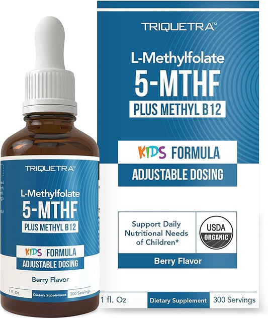 Organic Kids Methylfolate + Methyl B12 Cofactor - Organic Berry Flavor, Sublingual Form - 5-MTHF Form, Superior Form of Folate - Adjustable Dosing for All Ages - Mood, Behavior, Cognition - 1 oz.