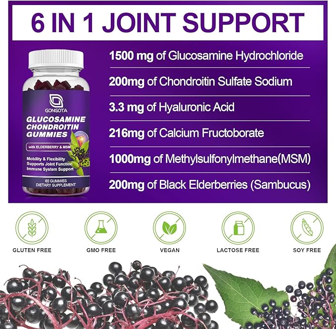 Glucosamine Chondroitin Gummies, Extra Strength 1500mg Glucosamine with MSM & Elderberry, Joint Support Supplement, Best Cartilage & Immune Support Supplement for Men and Women - 60count (1 Pack)