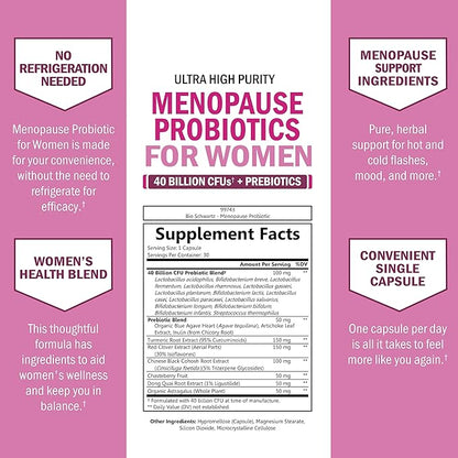 Menopause Supplements for Women - 40 Billion CFU Menopause Probiotics for Women - Menopause Support for Hot Flashes Night Sweats Mood Swings and Hormone Balance - Non-GMO, 30 Count, 30 Servings