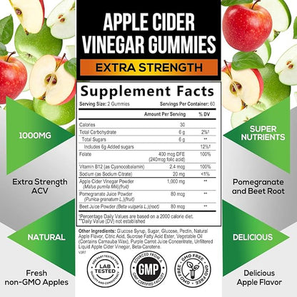 Vegan Apple Cider Vinegar Gummies | Max Strength 1000mg | ACV Supplement Gummy Vitamins for Adults, Supports Digestion, Metabolism, Natural Apple Flavor with Mother, Gluten Free, Non-GMO - 120 Gummies