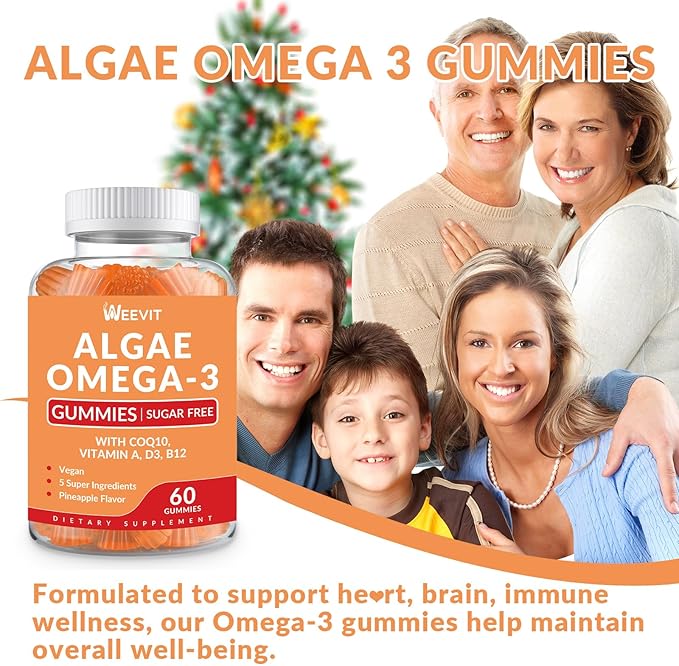 Vegan Omega 3 Gummies, Algae Omega 3 Supplement DHA 240mg, EPA 110mg w/Vitamin B12, CoQ10, Omega 3 Fish Oil Alternative for Adults - Brain, Bone, Joint, Eye & Immunity Support