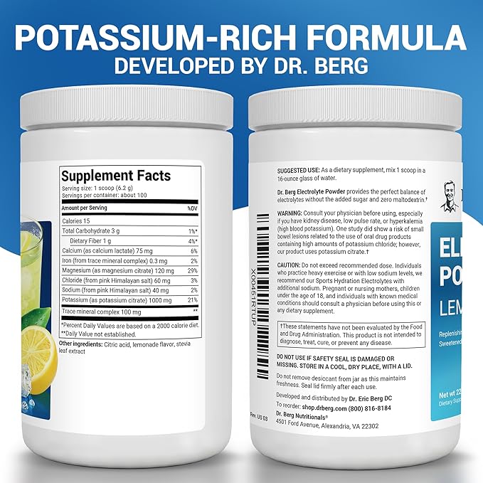 Dr. Berg Zero Sugar Hydration Keto Electrolyte Powder - Enhanced w/ 1000 mg of Potassium & Real Pink Himalayan Salt (NOT Table Salt) - Lemonade Flavor Hydration Drink Mix Supplement - 100 Servings