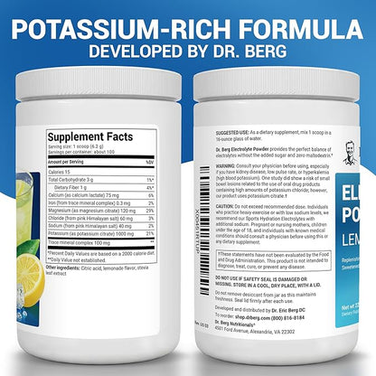 Dr. Berg Zero Sugar Hydration Keto Electrolyte Powder - Enhanced w/ 1000 mg of Potassium & Real Pink Himalayan Salt (NOT Table Salt) - Lemonade Flavor Hydration Drink Mix Supplement - 100 Servings