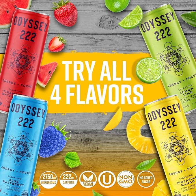Odyssey Elixir - Odyssey 222 - Sparkling Energy Drink - 222 mg of Caffeine - Lion's Mane & Cordyceps - Energy & Focus - Endurance & Stamina - Nootropic - Pre Workout - Pineapple Mango
