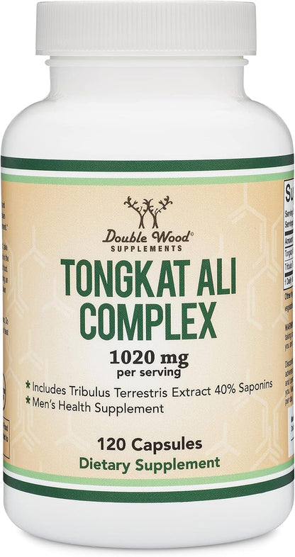 Tongkat Ali Extract 200 to 1 for Men (Longjack) Eurycoma Longifolia, 1020mg per Serving, 120 Capsules - Men's Health Support with 20mg Tribulus Terrestris (Third Party Tested) by Double Wood