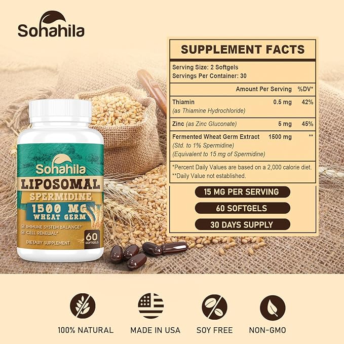 Spermidine Supplement 15 MG - 99% Purity, High Absorption, 1500 mg Fermented Wheat Germ Extract with Zinc & Thiamin, Spermidine for Men & Women - Cellular Renewal, Aging Defense, Energy, 60 Softgels