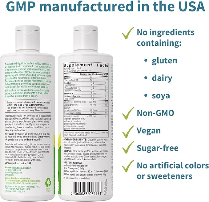 High Absorption Liposomal Vitamin C 1000mg & Zinc Bisglycinate, 30-90 Servings, Liquid Immune Support for Adults & Kids 5+, Non-GMO, Sugar-Free, Citrus & Vanilla Flavor, by Igennus