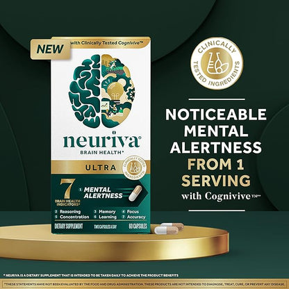 NEURIVA Ultra Decaffeinated Clinically Tested Nootropic Brain Supplement for Mental Alertness, Memory, Focus & Concentration, Cognivive, Neurofactor, Phosphatidylserine, Vitamins B6 B12, 60 Capsules