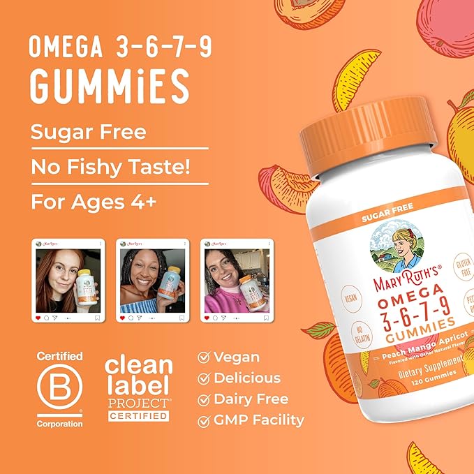Vegan Omega 3 6 7 9 Gummies by MaryRuth's | Up to 4 Month Supply | Omega 3 Supplement with Flaxseed Oil | Omega 3 Gummies | No Fish Taste | Non-GMO | 120 Count