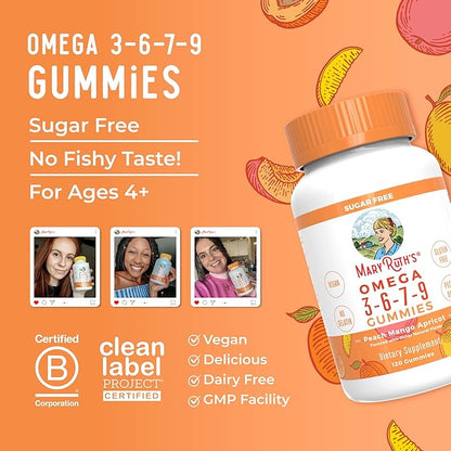 Vegan Omega 3 6 7 9 Gummies by MaryRuth's | Up to 4 Month Supply | Omega 3 Supplement with Flaxseed Oil | Omega 3 Gummies | No Fish Taste | Non-GMO | 120 Count