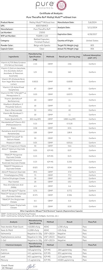 Methyl Multi Without Iron Methylated Multivitamin for Men & Women, 60-Day Supply | Methyl B12 & Methylfolate (5-MTHF) for MTHFR Support | Pharma Grade Multivitamin & Multimineral For Health, 120 Caps