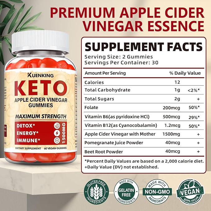 Keto ACV Gummies Advanced Formula, Apple Cider Vinegar Gummies Formulated with Pomegranate Beet Juice Powder B12, 1500MG Vegan Non GMO 60 Gummys