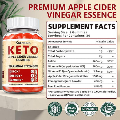 Keto ACV Gummies Advanced Formula, Apple Cider Vinegar Gummies Formulated with Pomegranate Beet Juice Powder B12, 1500MG Vegan Non GMO 60 Gummys